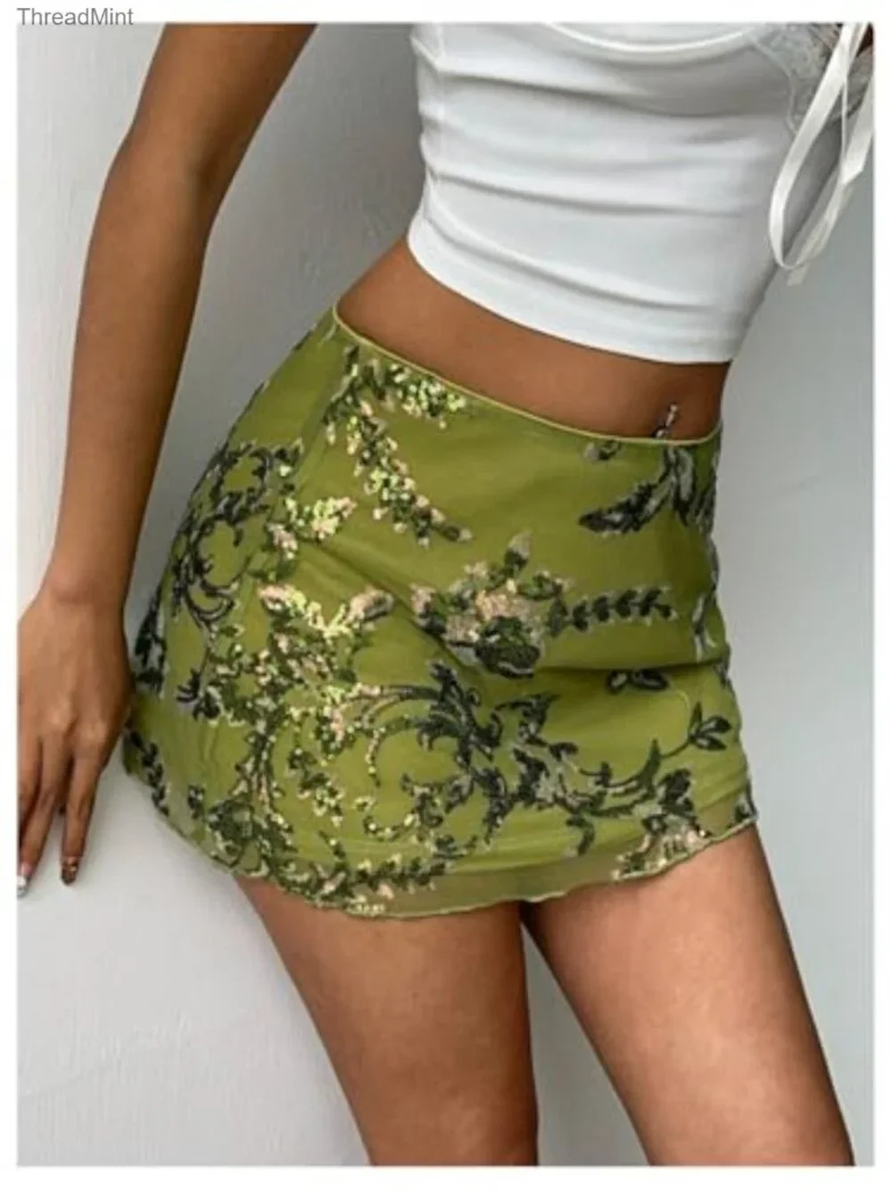 Sequin Mini Skirt Embroidered Low Rise A-Line Stretch Party Wear